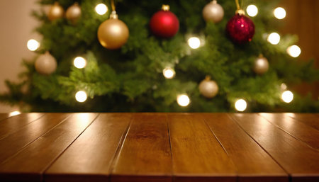 Wooden table in front of christmas tree with bokeh lightsの素材