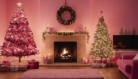 Christmas tree and fireplace in the living room of a house with pink wallsの素材