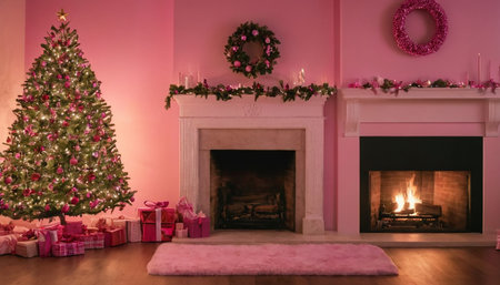 Christmas tree with presents in a room with fireplace and christmas treeの素材