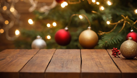 Wooden table with christmas tree and bokeh lights on backgroundの素材