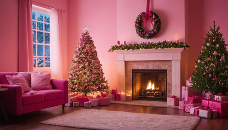 Christmas tree and fireplace in the living room with pink sofa and pink armchairの素材