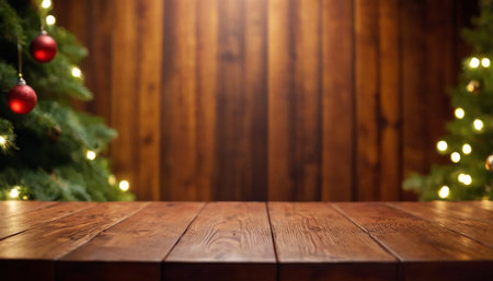 Wooden table with christmas tree and bokeh lights backgroundの素材