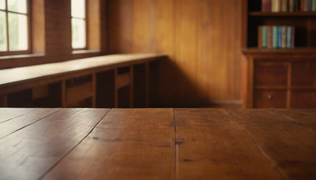 Empty wooden table in front of blurred bookcase with bookshelfの素材