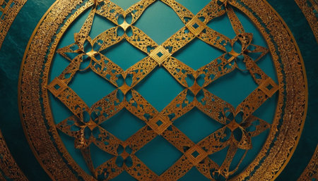 Turquoise background with gold ornament. 3d render illustration.の素材