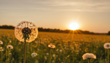 Dandelion flower in the field at sunset. Beautiful nature background.の素材