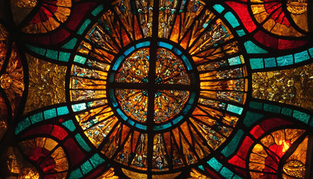 Stained glass window in the Basilica of Notre Dame de Paris, Franceの素材