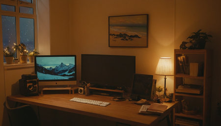 Computer on a desk in a dark room with a beautiful view of the mountainsの素材