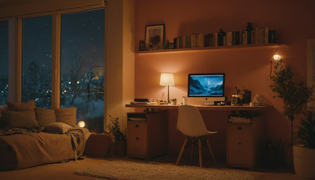 Interior of a cozy bedroom with a computer on a desk in the nightの素材