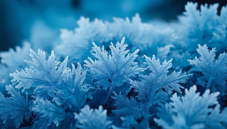Close up of frosted winter leaves. Natural background. Blue tonedの素材