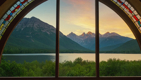 Mountain lake view through the window at sunset. Beautiful landscape.の素材