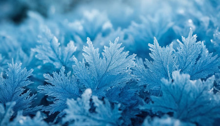 Beautiful winter background with frozen ice crystals on the leaves of the plantの素材