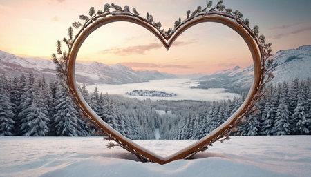 Heart-shaped frame on the background of the winter landscape. 3D renderingの素材