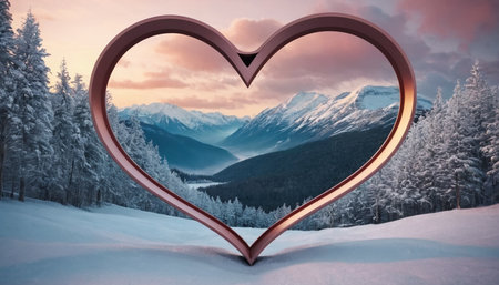 Heart shaped frame against snowy landscape with fir trees in forest at sunsetの素材
