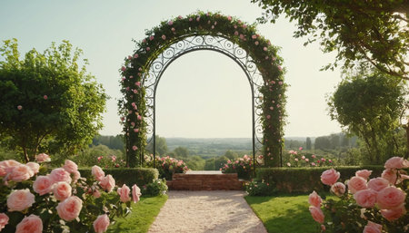 Wedding arch in the garden with blooming pink roses.の素材