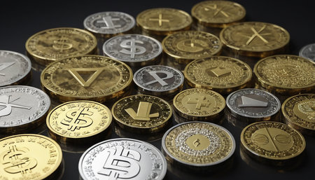 Cryptocurrency coins. Digital currency. 3D illustration. Virtual money.の素材