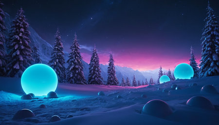 Fantasy winter landscape with snow covered trees and snowdrifts. 3d renderingの素材