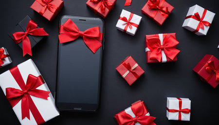 Smartphone with red ribbon and gift boxes on black background, top viewの素材