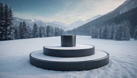 3d rendering of a round pedestal in the middle of a snowy forestの素材