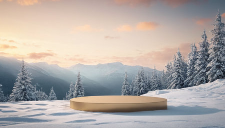 Golden podium in snowy landscape with fir trees. 3D Renderingの素材