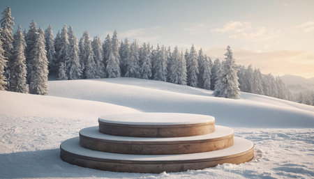 Wooden podium in the winter forest. 3D Rendering.の素材