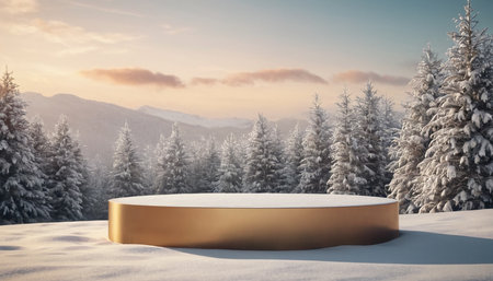 3d render of golden podium for product display in snowy winter forestの素材