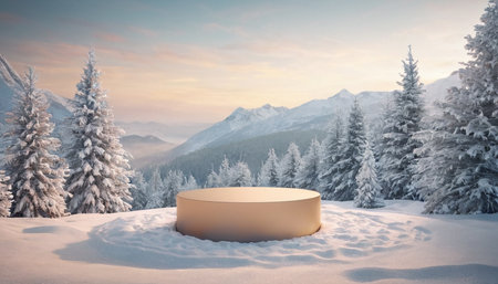 3d render of podium in winter landscape with snow covered fir treesの素材