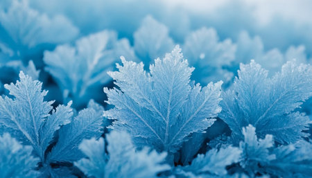 Close up of frosted leaves. Nature background. Blue tone.の素材