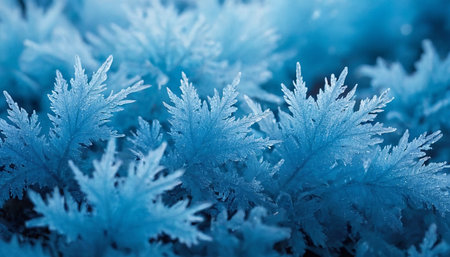 Frosty natural background. Ice crystals on plants. Blue tonedの素材