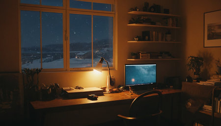 A night shot of an office with a large window in the backgroundの素材