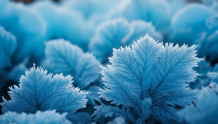 Close-up of fresh green leaves covered with hoarfrost.の素材