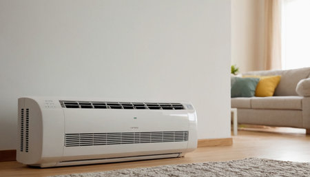 Modern white air conditioner on the floor in the living room.の素材