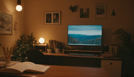 Computer on desk in front of Christmas tree in living room at nightの素材
