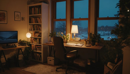 Interior of a home office with a view of the night cityの素材
