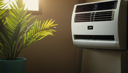 Air conditioner on the wall in the room with green plant.の素材