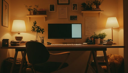 Comfortable workplace with computer on table in room at night. Home officeの素材