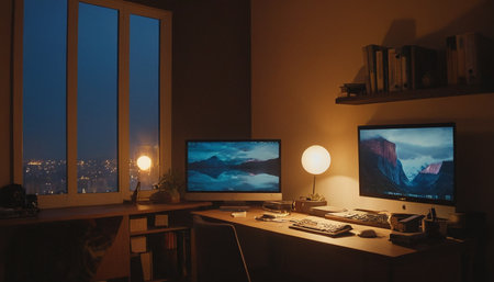 Computer room at night with a view of the city. 3D Renderingの素材