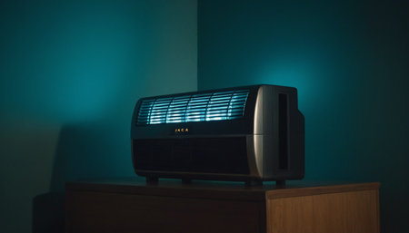 Air conditioner on the table in a dark room with blue lightの素材