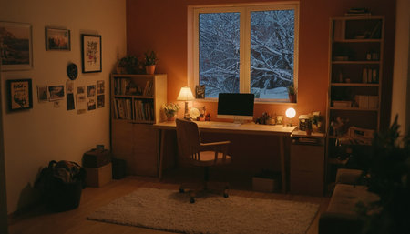 A cozy home office with a computer and a bookcase on the floorの素材