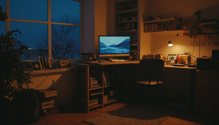 workplace at night with computer, lamp and books in dark roomの素材