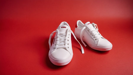 White sneakers on a red background. The concept of sports shoes.の素材