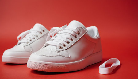 White sneakers on a red background with a white ribbon. A pair of white sneakers.の素材