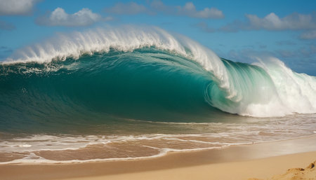 Ocean wave breaking on sandy beach, Bonaire island, Caribbeanの素材
