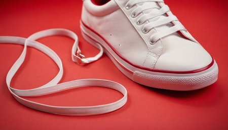 White sneakers with a white ribbon on a red background. Close-up.の素材