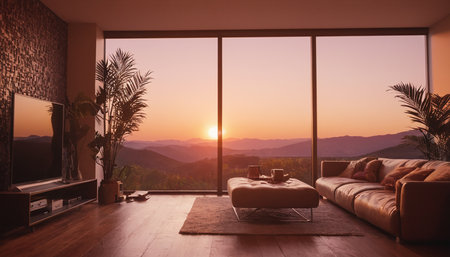 Living room interior with a view of the mountains at sunset. 3d renderingの素材