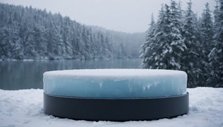 Winter landscape with frozen lake and snow covered table. Toned.の素材