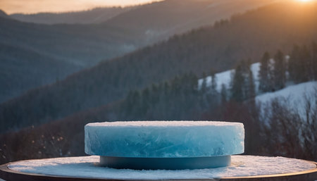 Ice cube on a table in the mountains at sunset. Winter landscapeの素材