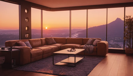 Living room interior with sofa, coffee table and mountain view. 3d renderの素材