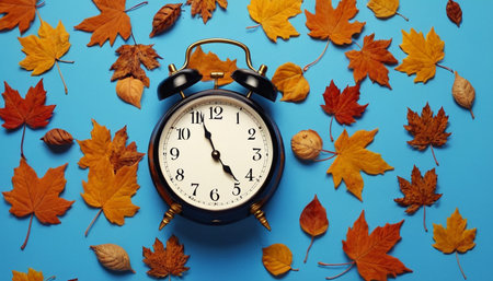 Alarm clock and autumn leaves on blue background. Top view.の素材