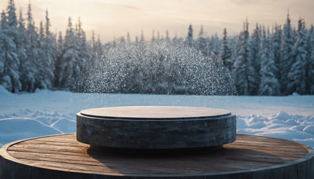 3d render of a round wooden podium on a wooden table in the winter forestの素材
