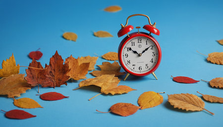 Alarm clock and autumn leaves on a blue background with copy spaceの素材